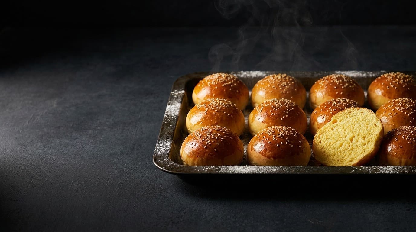 Beispielbild: frisch gebackene Sesam-Buns auf einem Backblech